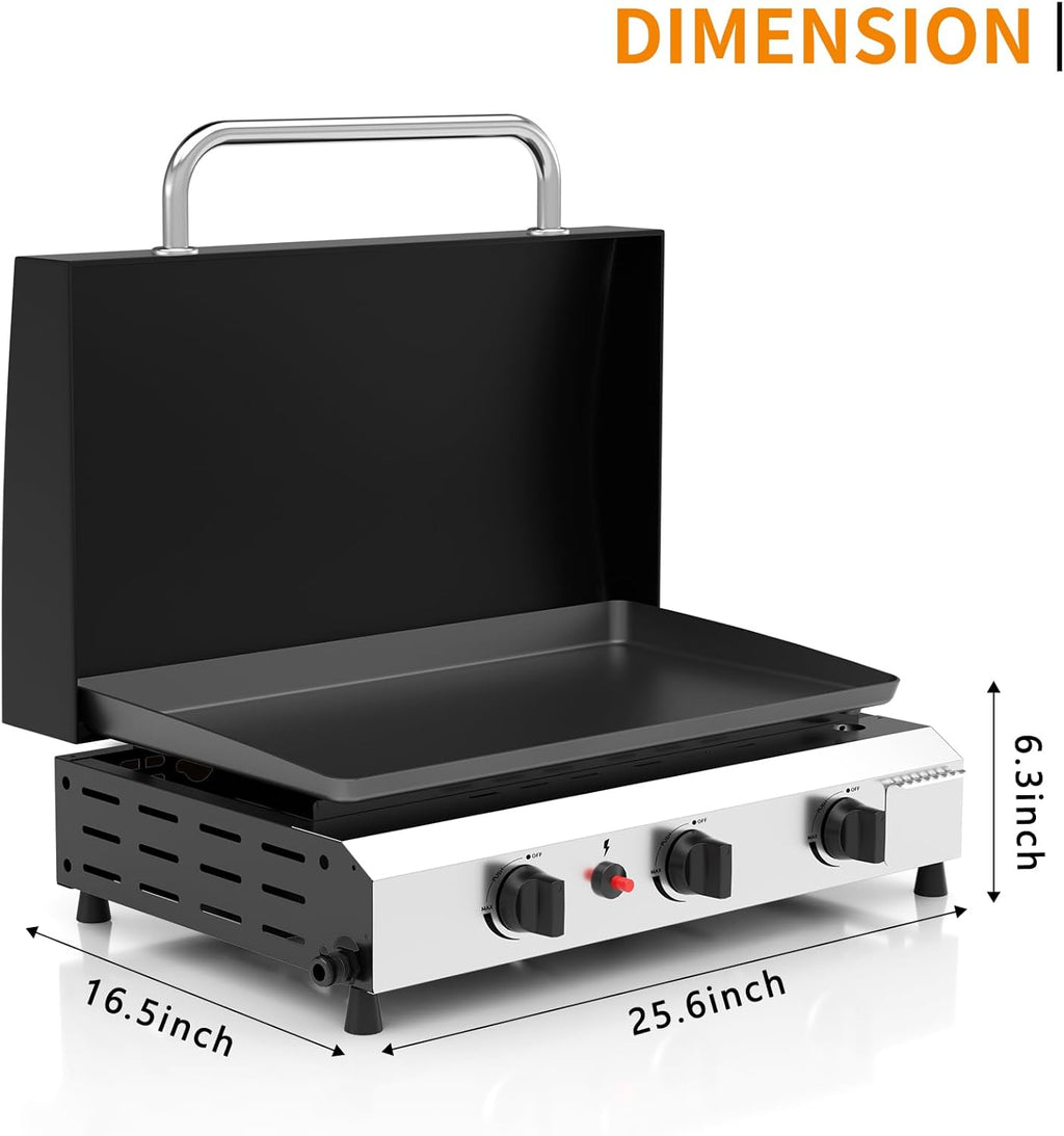 25.6'' Gas Griddle Flat Top Grill with Lid, 3-Burner Tabletop Portable Propane Griddle for Outdoor Cooking, Camping & Tailgating Barbecue, 45,000BTU Output, Silver