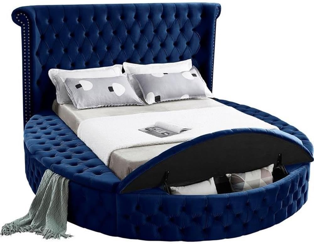 Meridian Furniture Luxus Collection Modern | Contemporary Round Shaped Velvet Upholstered Bed with Deep Button Tufting and Footboard Storage, King, Navy