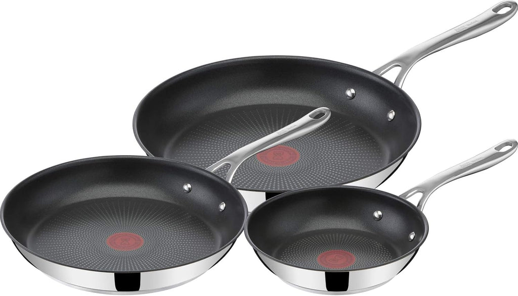 T-Fal x Jamie Oliver Nonstick Coated Stainless Steel Pans 8', 9.5' & 11', Frypan Set Induction Compatible, Oven Safe up to 500°F, Chef's Stainless Steel Skillet, Frying Pan, Silver