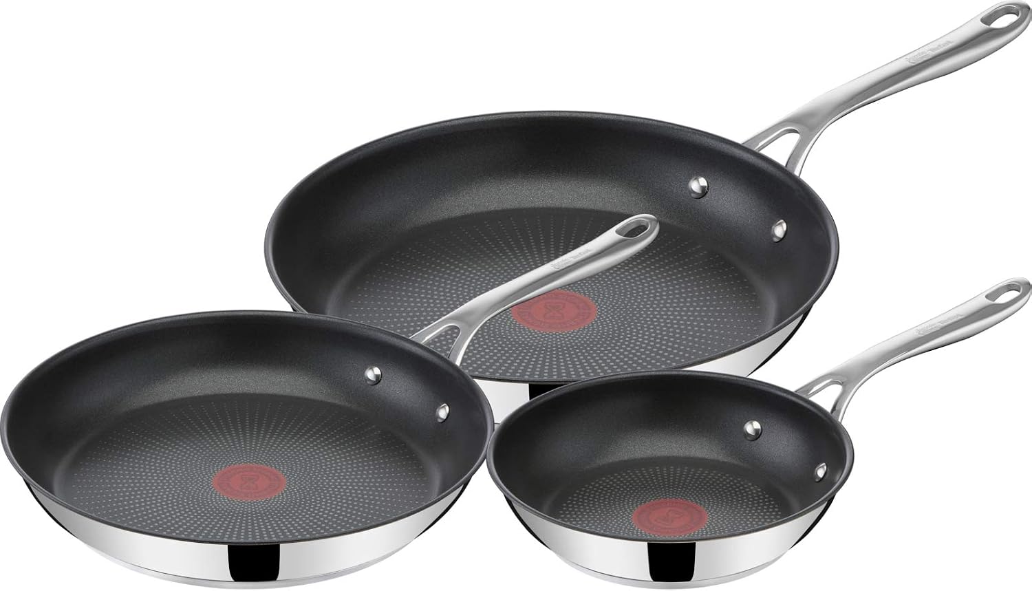 T-Fal x Jamie Oliver Nonstick Coated Stainless Steel Pans 8', 9.5' & 11', Frypan Set Induction Compatible, Oven Safe up to 500°F, Chef's Stainless Steel Skillet, Frying Pan, Silver
