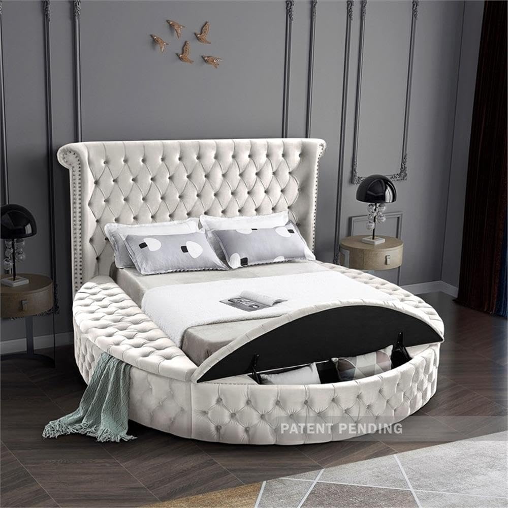 Meridian Furniture Luxus Collection Modern | Contemporary Round Shaped Velvet Upholstered Bed with Deep Button Tufting and Footboard Storage, King, Cream