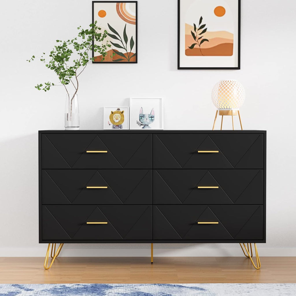 CARPETNAL Black Dresser for Bedroom, 6 Drawer Dresser with Wide Drawers and Gold Handles, Modern Wood Dressers & Chest of Drawers TV Stand for Living Room, Hallway, Entryway.
