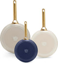 GreenPan 3 Piece Ceramic Cookware Set, Non Stick Frying Pans (8' 10' & 12' Skillets), PFAS-Free Non-Toxic Induction Cookware, Hard Anodized, Kitchen Pots, Dishwasher Safe, Navy, Taupe, Cream