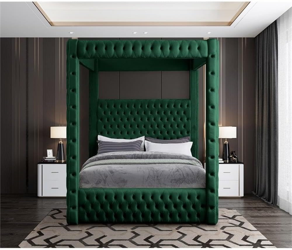 Meridian Furniture RoyalGreen-Q Royal Collection Modern | Contemporary Velvet Upholstered Queen Bed with Soft Green Velvet, Deep Elegant Tufting, Canopy, 70.5' W x 89' D x 87' H, Green, Queen