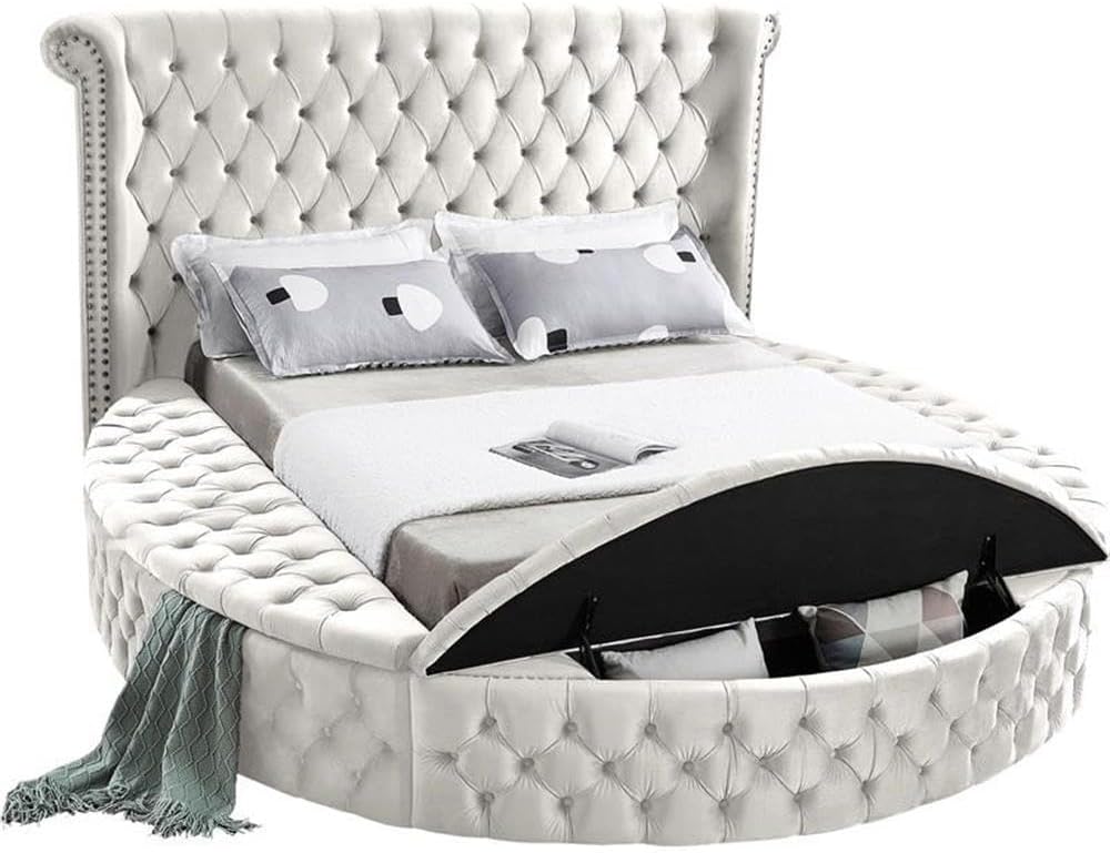 Meridian Furniture Luxus Collection Modern | Contemporary Round Shaped Velvet Upholstered Bed with Deep Button Tufting and Footboard Storage, King, Cream