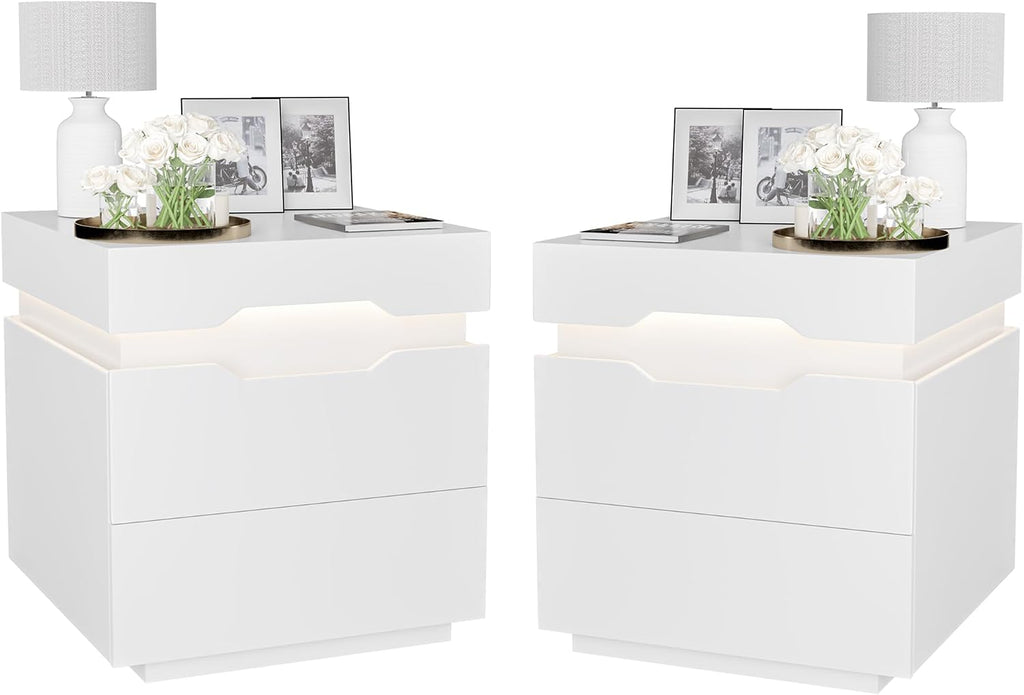 YESHOMY Nightstand with LED Light and Charging Station, Endtable with 2 Drawers, Bedside Table with Large Capacity, for Bedroom, Set of 2, 21.2' Height, White