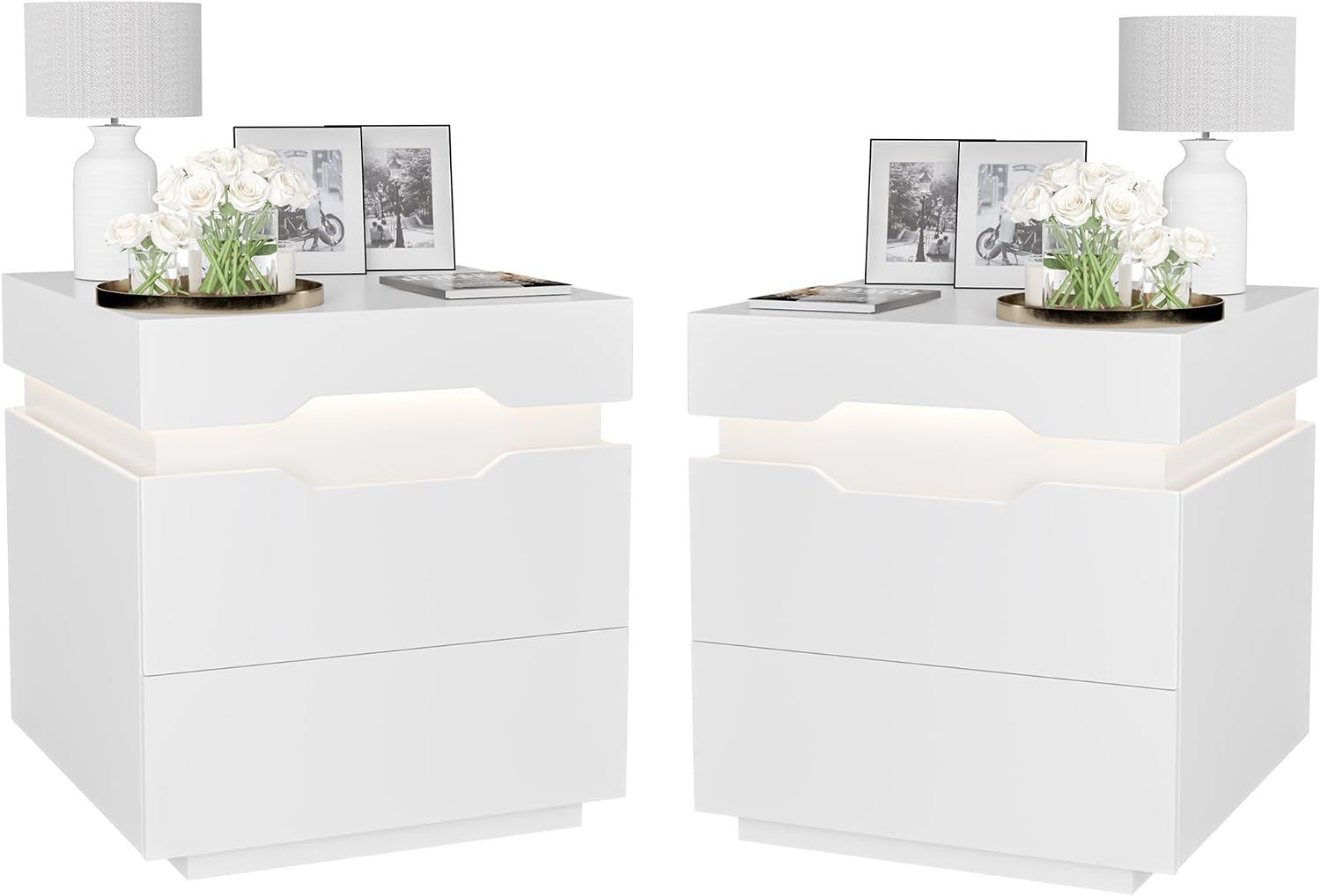 YESHOMY Nightstand with LED Light and Charging Station, Endtable with 2 Drawers, Bedside Table with Large Capacity, for Bedroom, Set of 2, 21.2' Height, White