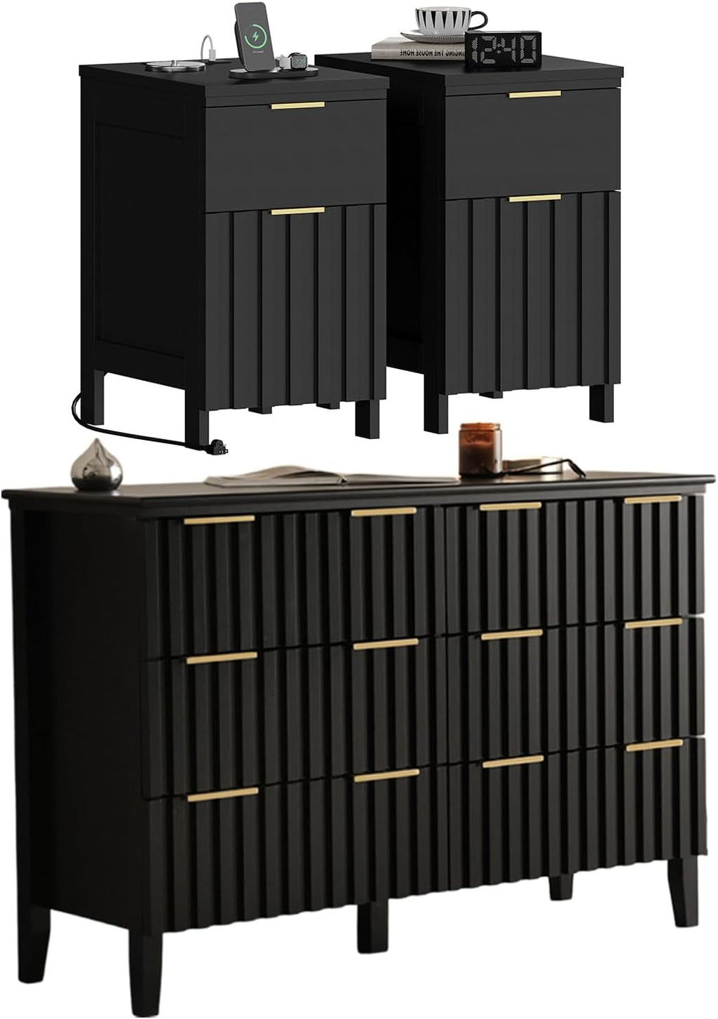 LAZZO 3 Piece Dresser and Nightstand Sets Modern Fluted Bedroom Set with 6 Drawer Dresser & 2 Nightstands,MDF Wood, Gold Handles, Black Finish, Storage Furniture for Bedroom, Closet, Apartment