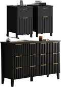 LAZZO 3 Piece Dresser and Nightstand Sets Modern Fluted Bedroom Set with 6 Drawer Dresser & 2 Nightstands,MDF Wood, Gold Handles, Black Finish, Storage Furniture for Bedroom, Closet, Apartment