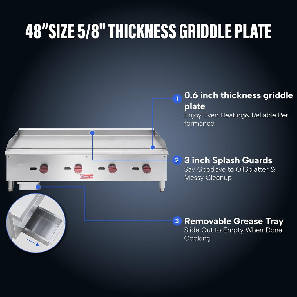 WESTLAKE 60'W Commercial Gas Griddle Countertop Natural Gas and Propane Griddle with 5 Burners 150000 BTU, Stainless Steel Plate Grill for Restaurants
