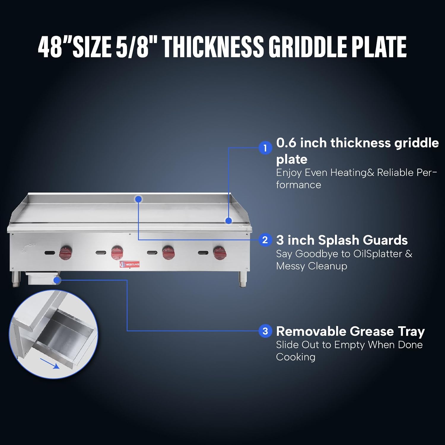 WESTLAKE 60'W Commercial Gas Griddle Countertop Natural Gas and Propane Griddle with 5 Burners 150000 BTU, Stainless Steel Plate Grill for Restaurants