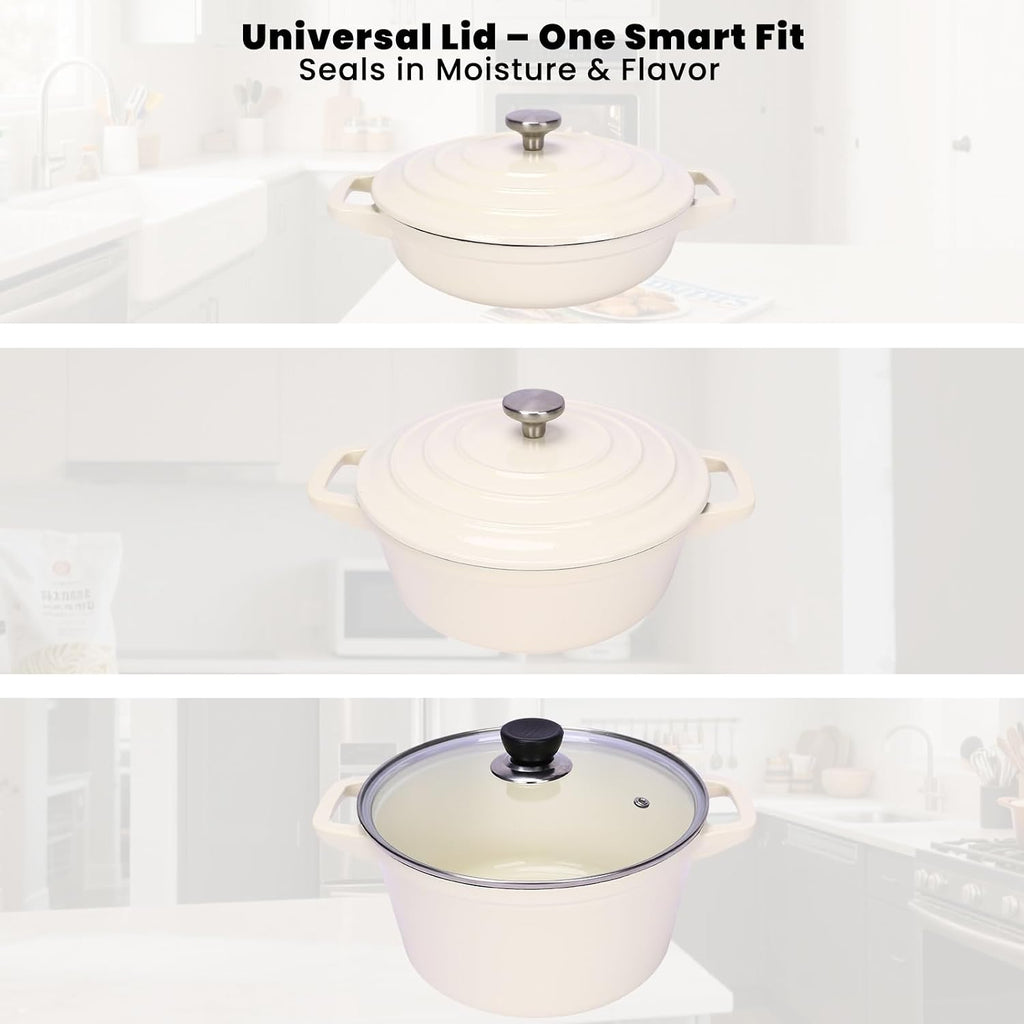 QuliMetal Enameled Cast Iron Set 5-Pc, 10' Stackable Space-Saving Cookware Set, Dutch Oven, Skillet, Grill Pan, with 2 Universal Lid, Versatile Enamel Dutch Oven, Included Spacers, White