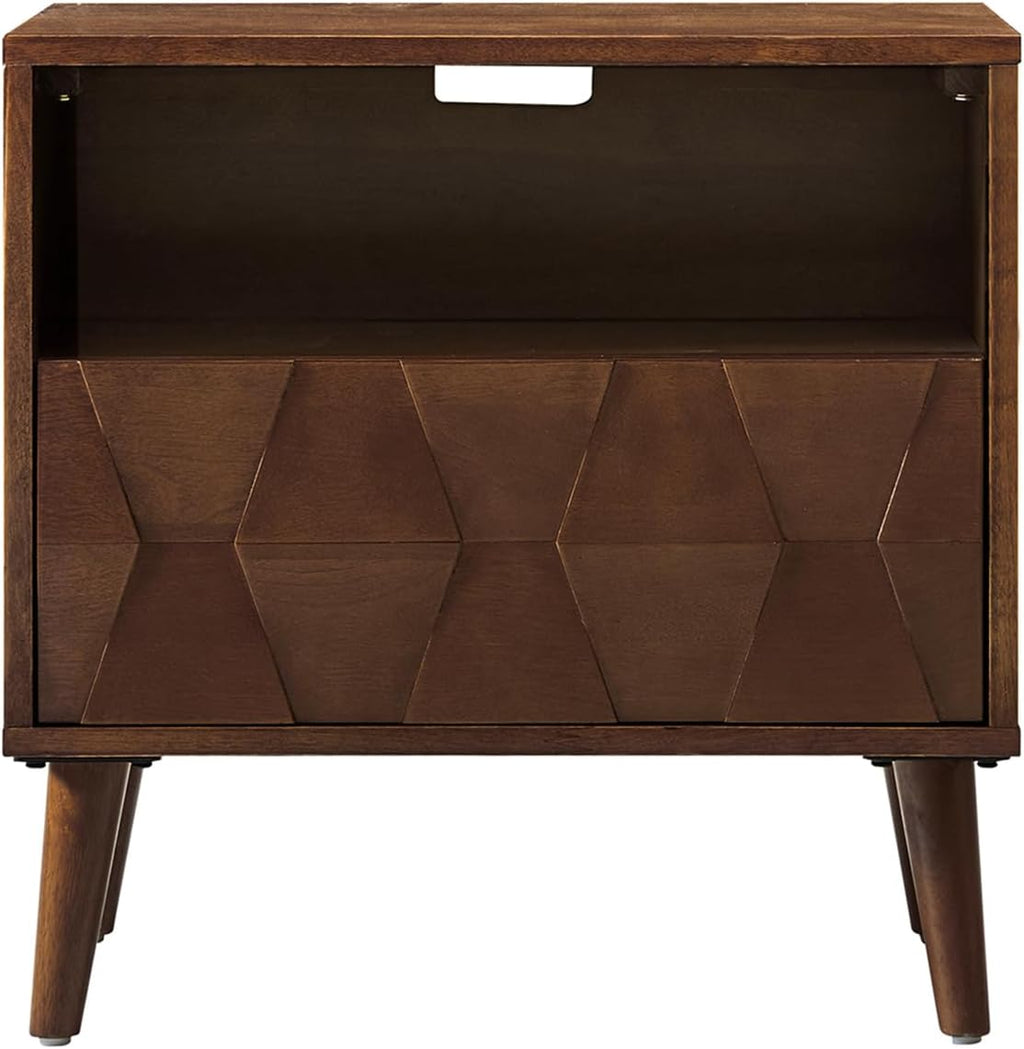 HULALA HOME Mid Century Modern Nightstand with Solid Wood Legs,Drawer Organizer with Charging Station, Geometric Pattern Nightstand, Walnut