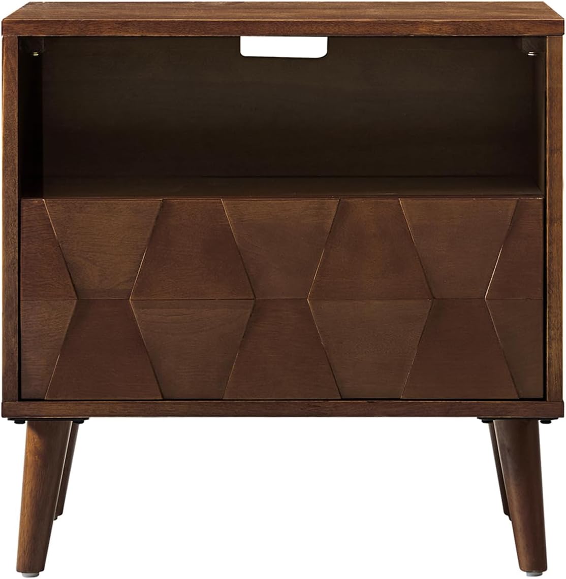 HULALA HOME Mid Century Modern Nightstand with Solid Wood Legs,Drawer Organizer with Charging Station, Geometric Pattern Nightstand, Walnut