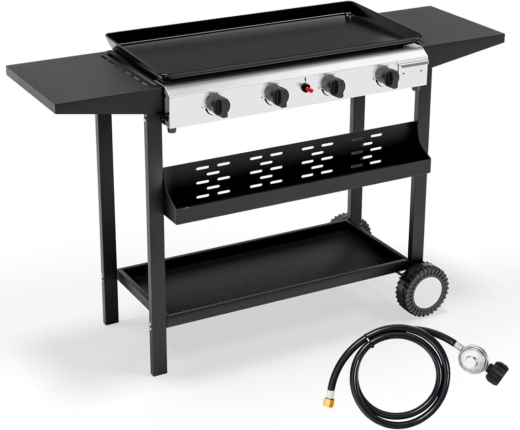 Bonnlo 4 Burner Portable Propane Griddle, 40,000BTU Gas Grill with Enameled Tray, Rolling Flat Top Grill with Electronic Ignition, Side Shelve & Regulator, Ideal for Outdoor Patio Cooking BBQ