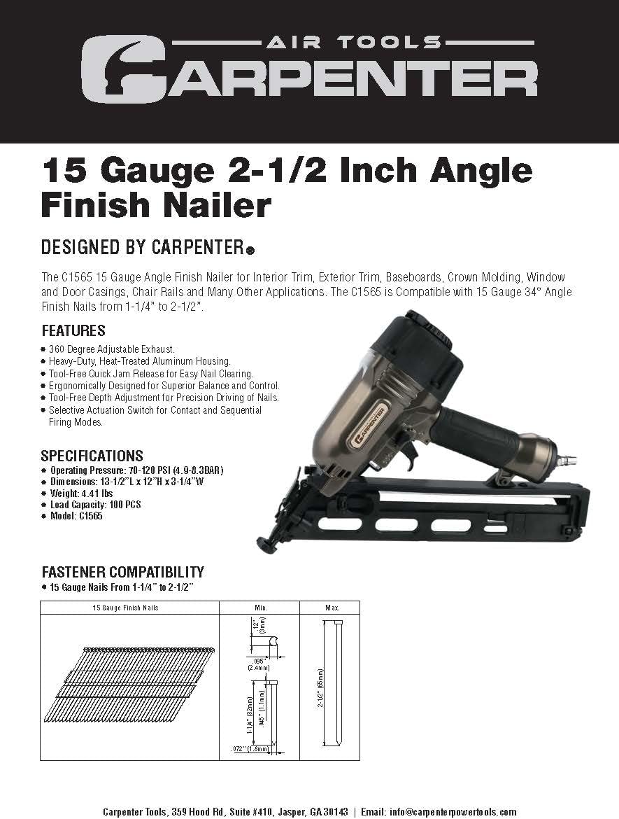 Carpenter C1565 15 Gauge Finish Nailer | Pneumatic | 15 Gauge Nails from 1-1/4 Inch up to 2-1/2 Inch | 34 Degree Angle Finish Nailer