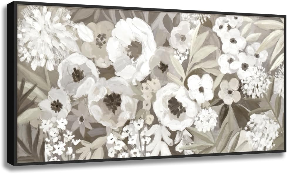 Framed Floral Canvas Wall Art, Gray and White Flowers Artwork For Living Room Bedroom Office Decor, 24 x 48 Inch