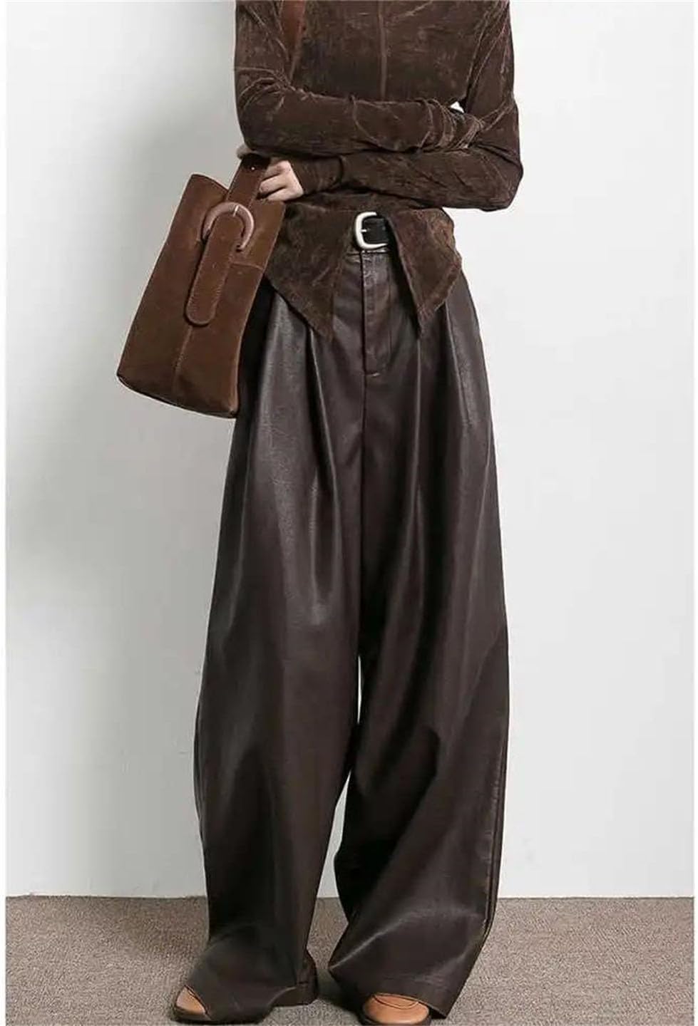 Women's American Leather Pants Autumn and Winter Retro Design Pleated Wide Leg Pants