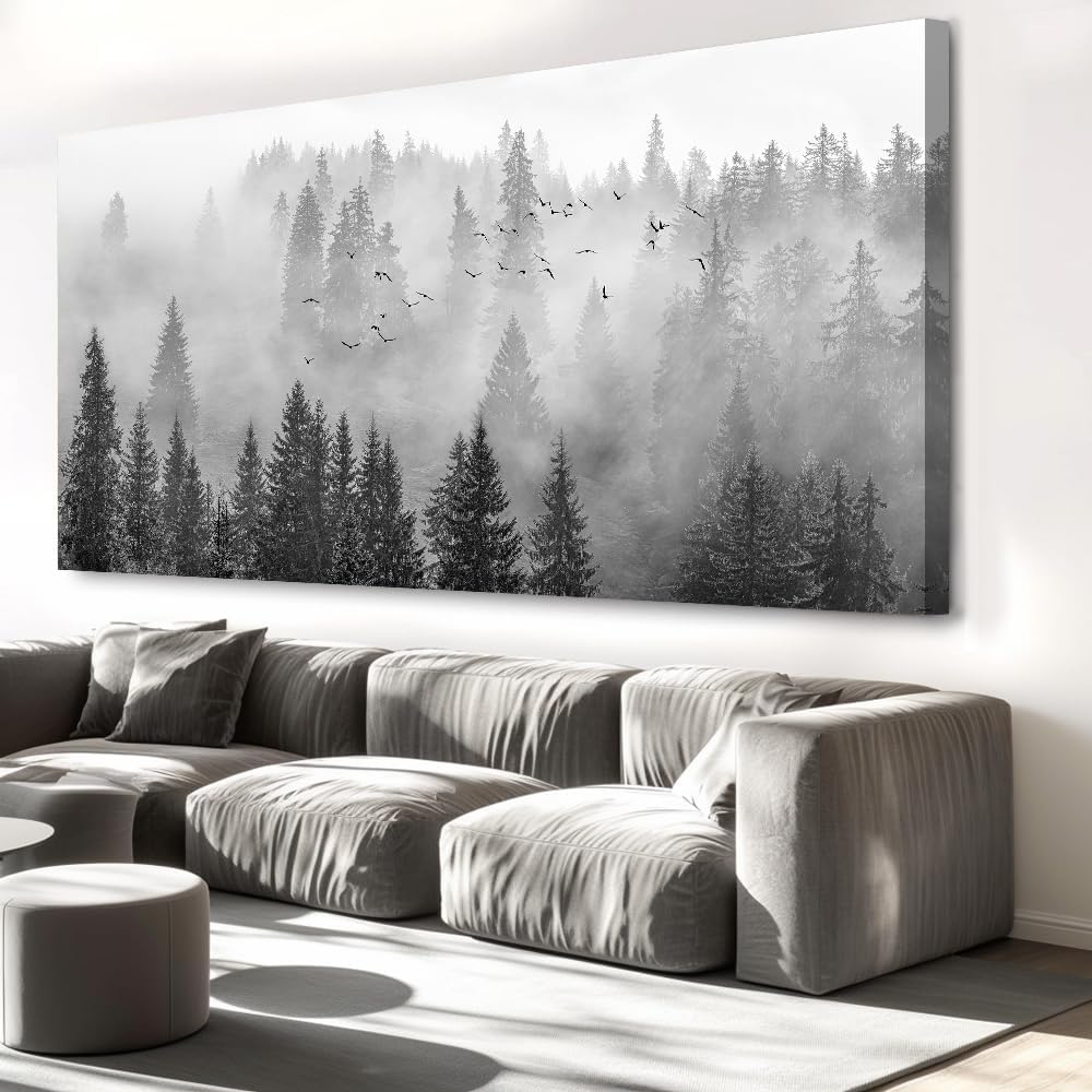 vgrozirh Wall Art Foggy Forest Black and White Wall Art Nature Landscape Mountain Photographic Printed on Canvas for Bedroom Living Room Office Home Decor Ready to Hang 71'x36'