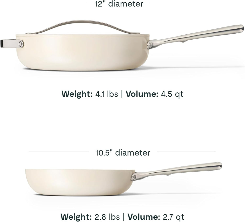 Caraway Fry Pan and Sauté Pan Duo - 10.5' Ceramic Frying Pan and 11.8' Deep Sauté Pan with Lid - Non Stick, Non Toxic, Oven Safe - Cream