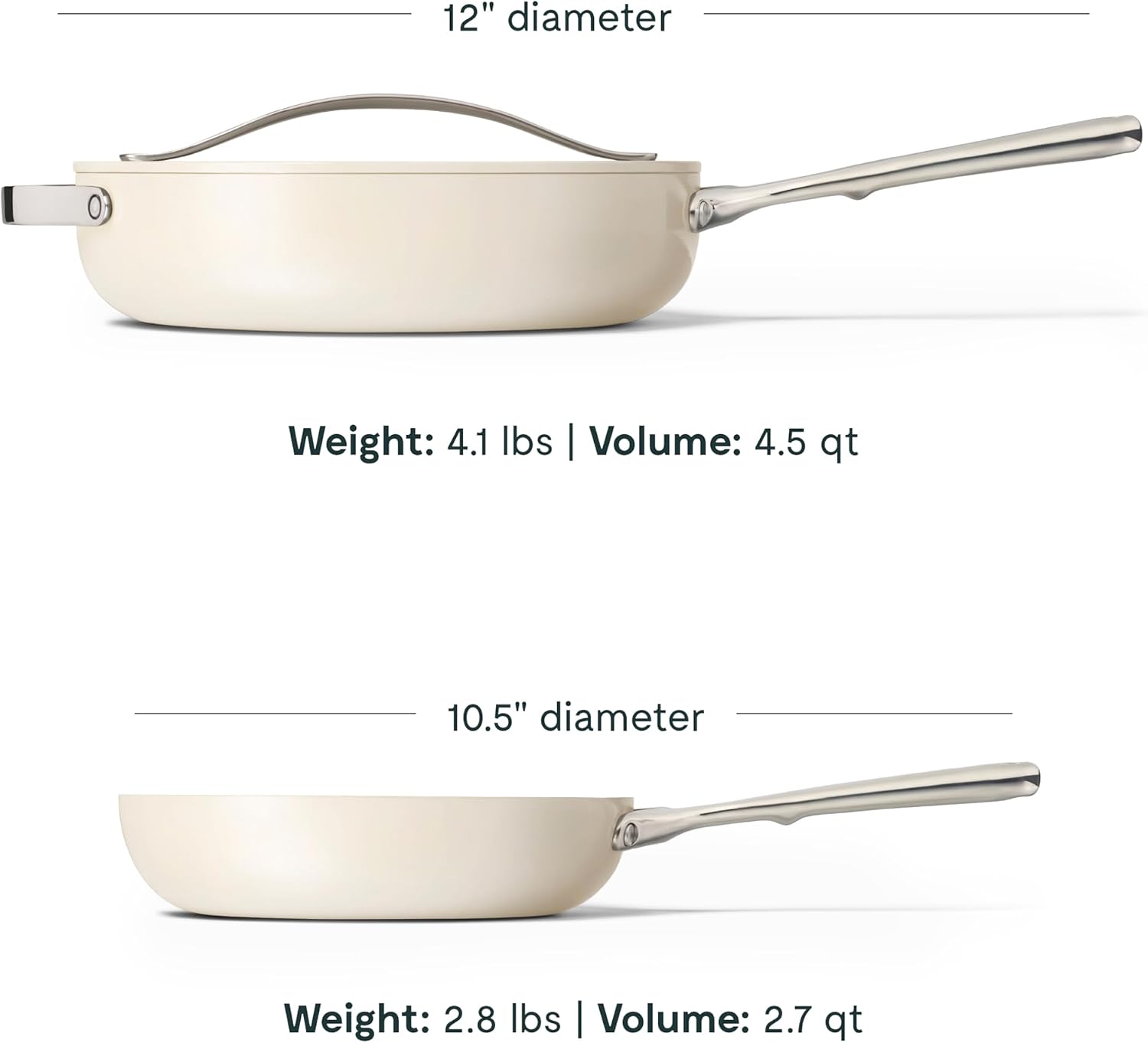 Caraway Fry Pan and Sauté Pan Duo - 10.5' Ceramic Frying Pan and 11.8' Deep Sauté Pan with Lid - Non Stick, Non Toxic, Oven Safe - Cream