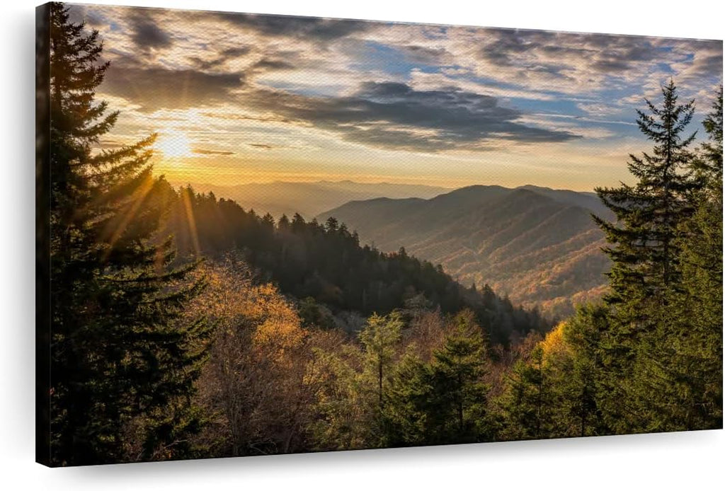 ElephantStock Sunrise In Smoky Mountains Canvas - 1 Panel Mountain Pictures Wall Decor - Nature Wall Art, Mountain Canvas Photography - Mountains Wall Art for Nature Lovers - 39' X 26'