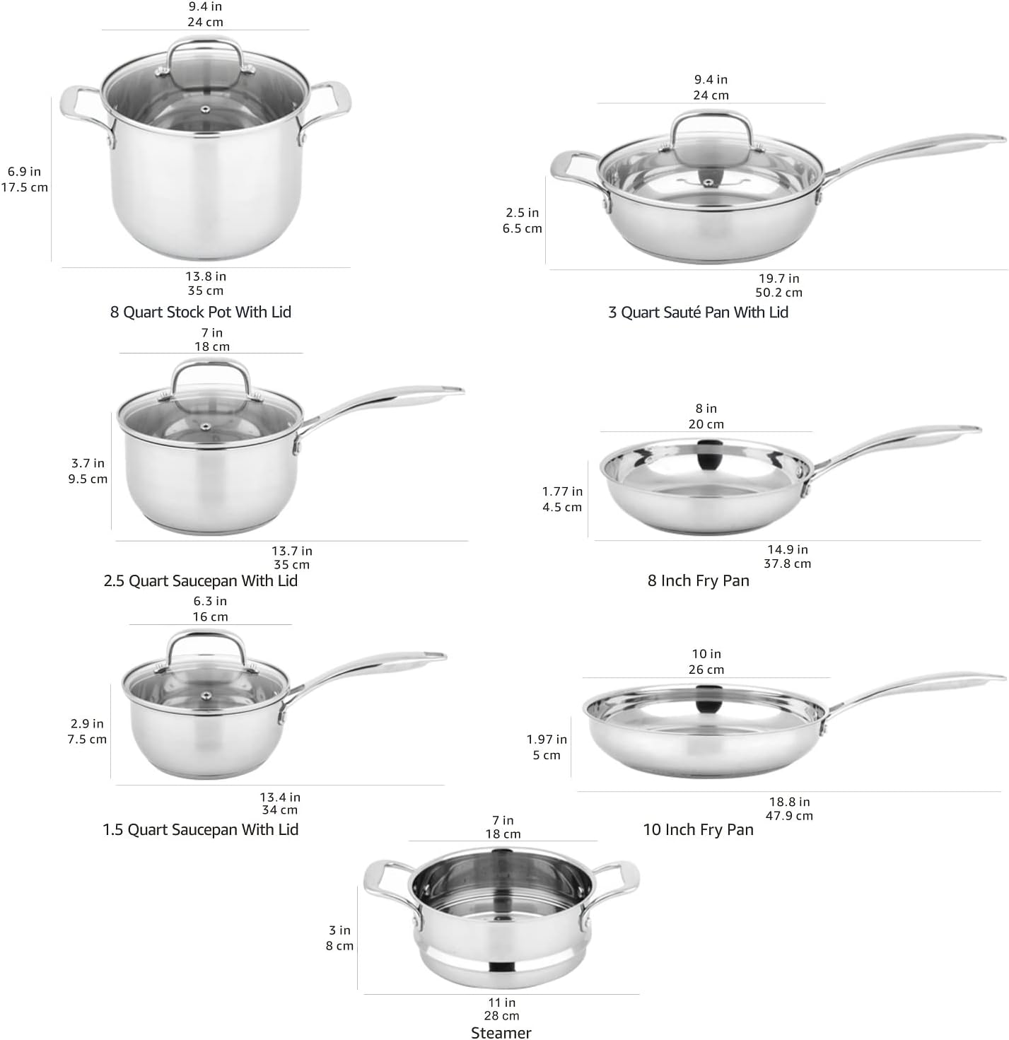 Amazon Basics Stainless Steel Cookware 11-Piece Set, Oven Safe, Induction-Ready, Even Heating, Non Toxic, Stay-Cool Handles, Pots and Pans, All Stovetops, Glass Lids, Silver