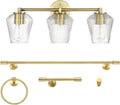 GLOBE Electric 63000063 5-Piece All-in-One Bathroom Set, Matte Brass Finish, 3-Light Vanity Light, Glass Shades, Towel Bar, Toilet Paper Holder, Towel Ring, Robe Hook, Bathroom Lights Over Mirror