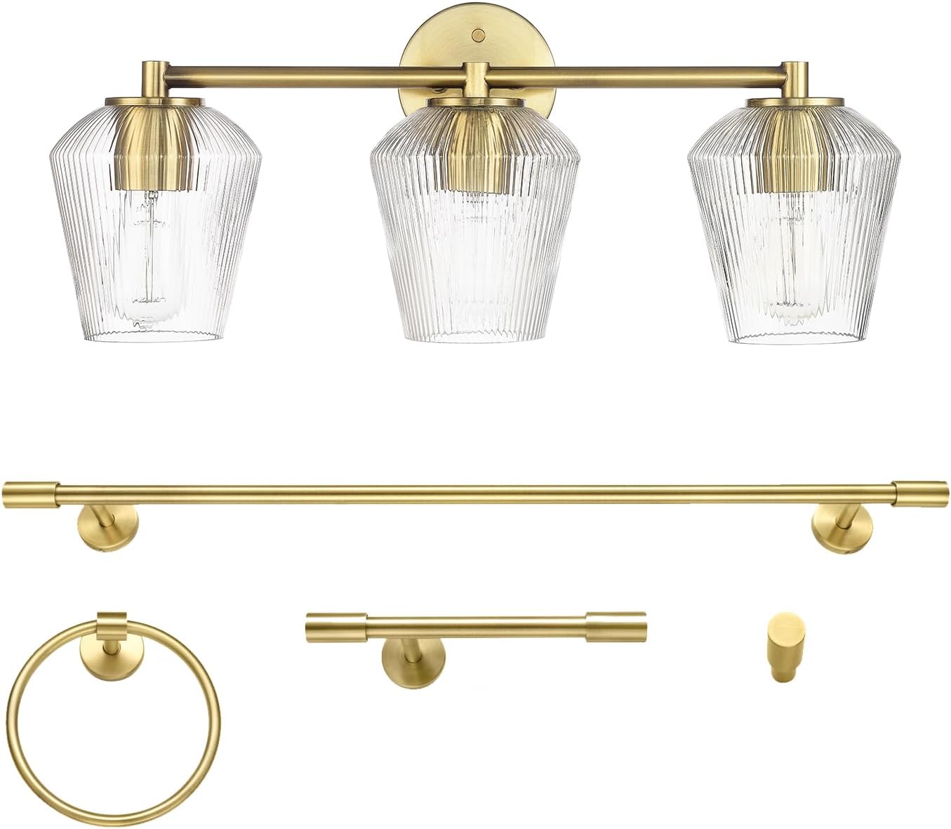 GLOBE Electric 63000063 5-Piece All-in-One Bathroom Set, Matte Brass Finish, 3-Light Vanity Light, Glass Shades, Towel Bar, Toilet Paper Holder, Towel Ring, Robe Hook, Bathroom Lights Over Mirror