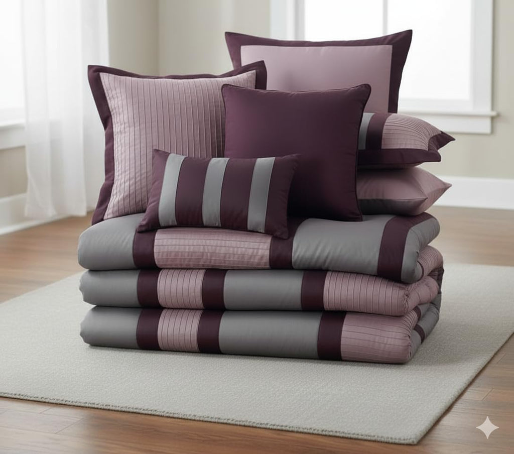 Royal Tradition 8-Piece Bed in a Bag, California King Size, Purple Morgan Comforter Set (One Comforter 102' x 96', Two Pillow Shams, Euro Shams, Cushions, One Bedskirt) Stylish Bedding