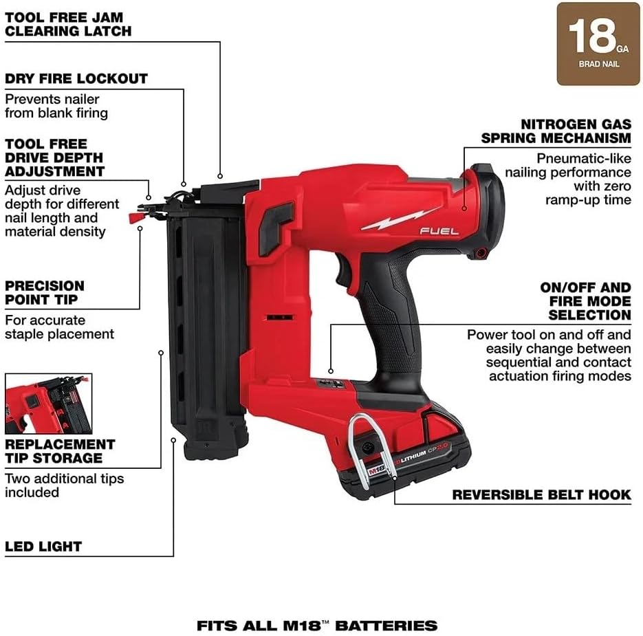 2746-21CT Brushless Cordless Brad Nailer for Milwaukee M18 FUEL 18V 18-Gauge Brad Nailer Kit