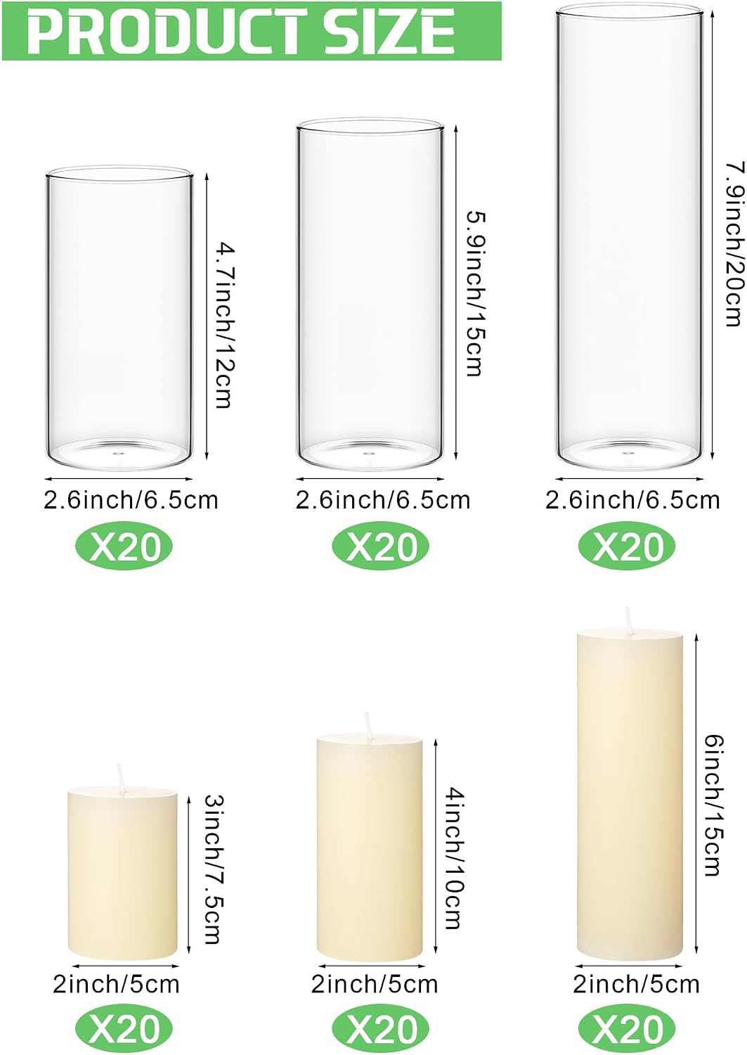 Shihanee 120 Pcs Pillar Candles and Glass Cylinder Vases Clear Cylinder Holders for Slim Pillar Candles Table Decoration (Ivory White)