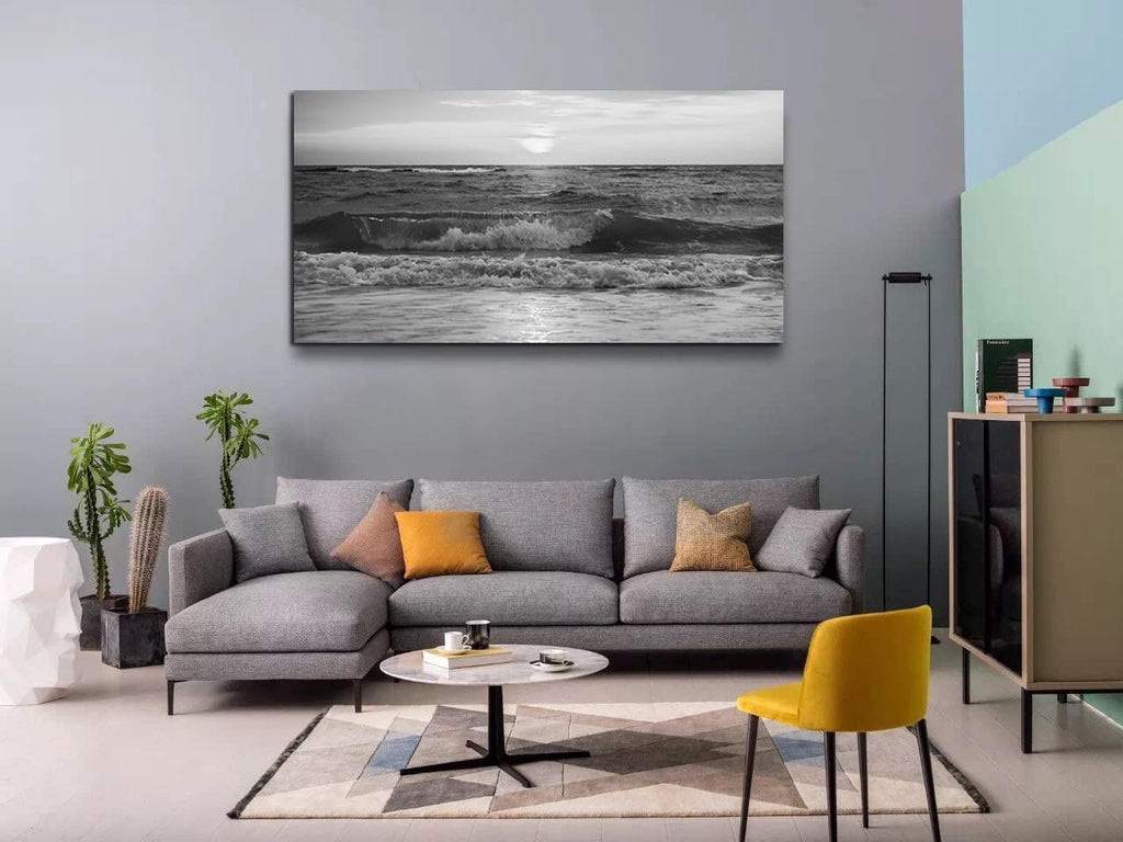 Large Modern Black and White Ocean Beach Sea Waves Canvas Wall Art Framed Artwork for Bedroom Living Room Office Wall Decor-58'x29'inch