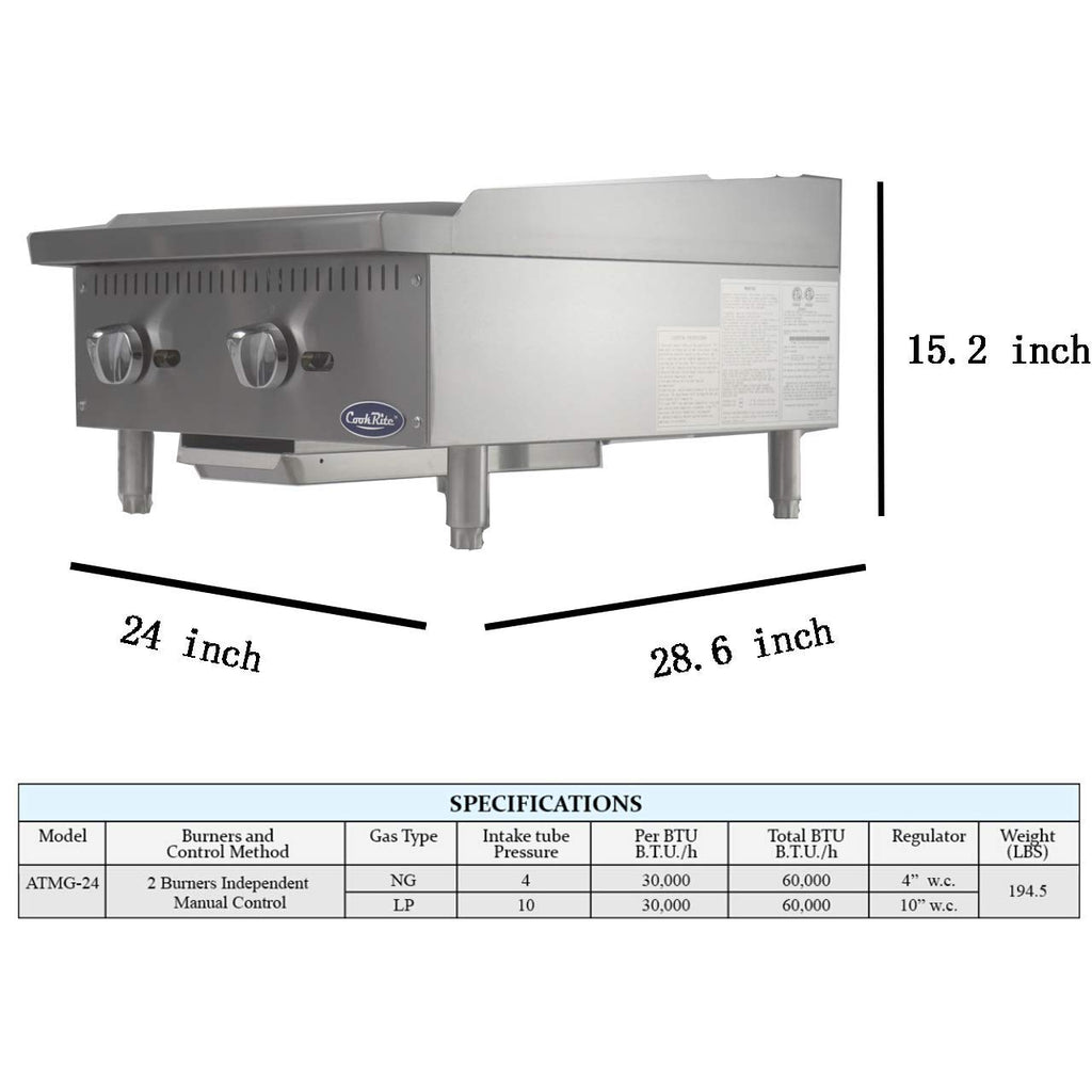 Atosa CookRite ATMG-24 24' Countertop Griddle | Flat Top Grill Hot Plate with Standby Pilots and Grease Drawer for Food Truck | Manual Controlled, Stainless Steel, 1 Burner 60,000 BTU, Liquid Propane