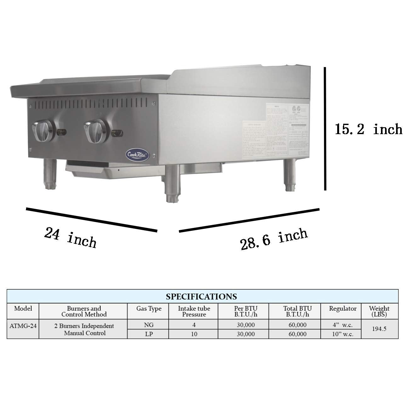 Atosa CookRite ATMG-24 24' Countertop Griddle | Flat Top Grill Hot Plate with Standby Pilots and Grease Drawer for Food Truck | Manual Controlled, Stainless Steel, 1 Burner 60,000 BTU, Liquid Propane