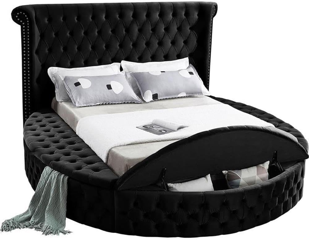Meridian Furniture Luxus Collection Modern | Contemporary Round Shaped Velvet Upholstered Bed with Deep Button Tufting and Footboard Storage, King, Black
