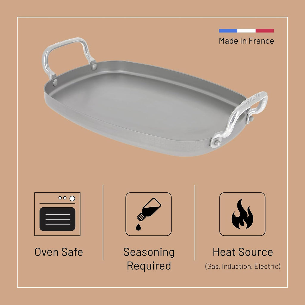 de Buyer MINERAL B Carbon Steel Griddle - 16.75' x 10.25' - Ideal for Seafood & Vegetables - Naturally Non-Stick Finish - Made in France