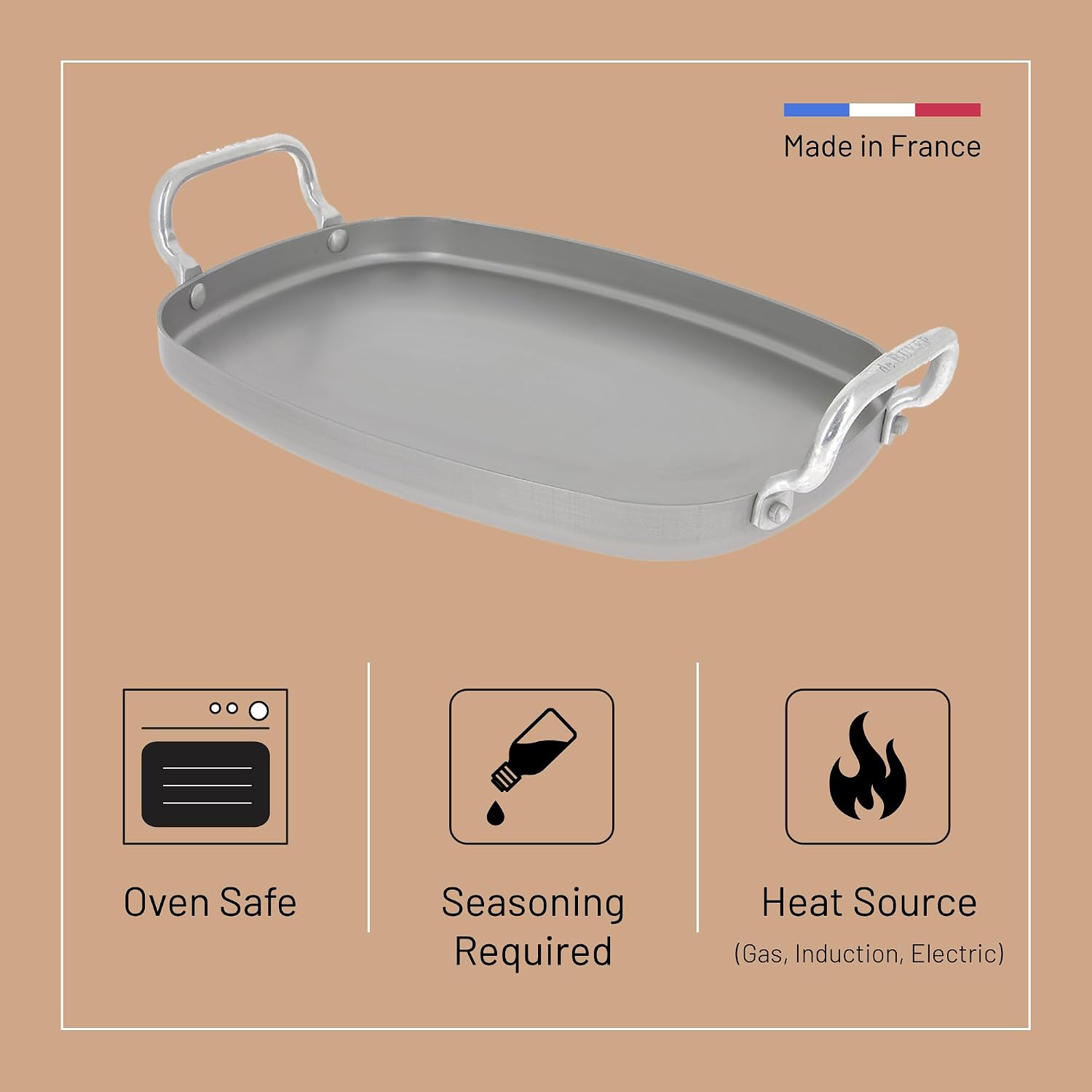 de Buyer MINERAL B Carbon Steel Griddle - 16.75' x 10.25' - Ideal for Seafood & Vegetables - Naturally Non-Stick Finish - Made in France