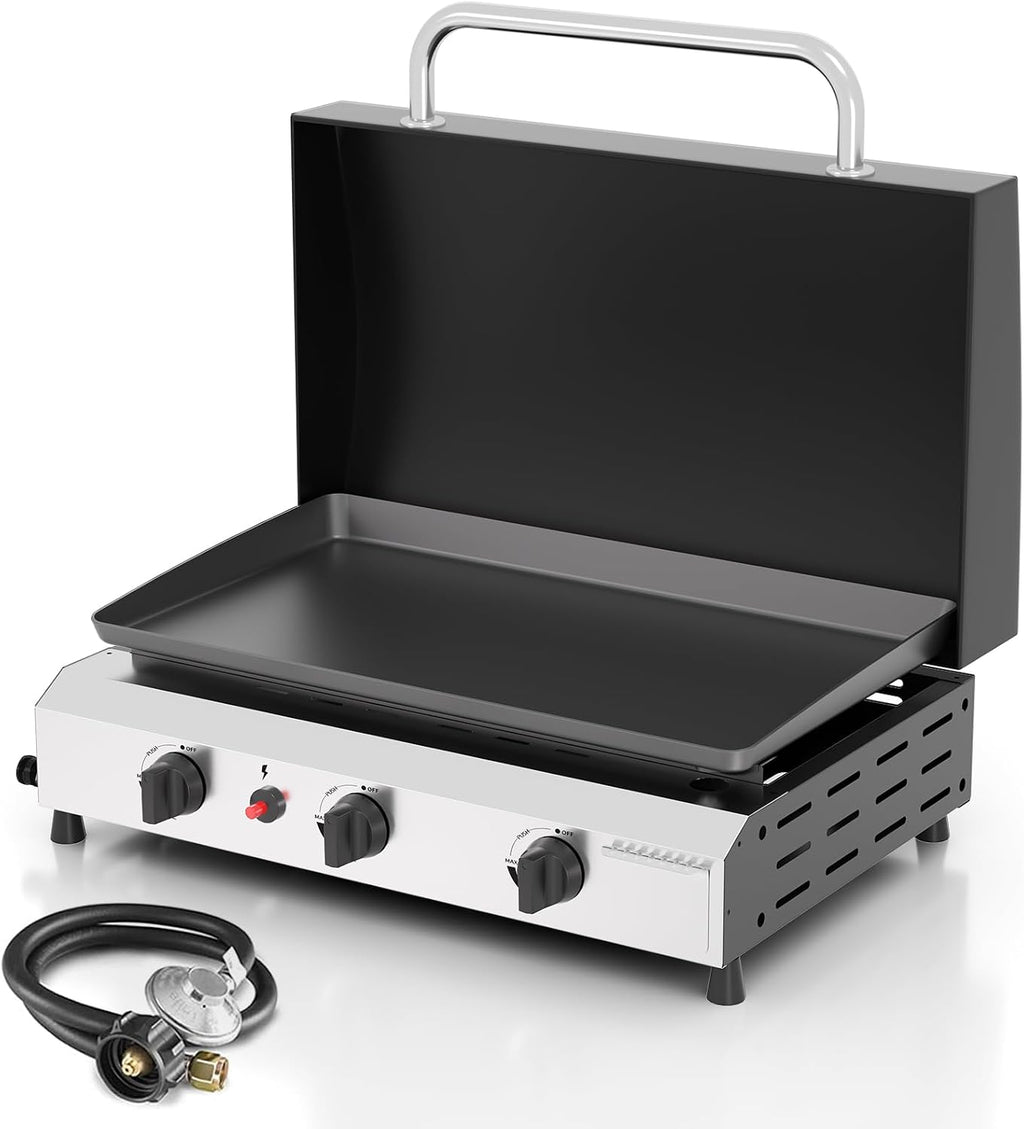 25.6'' Gas Griddle Flat Top Grill with Lid, 3-Burner Tabletop Portable Propane Griddle for Outdoor Cooking, Camping & Tailgating Barbecue, 45,000BTU Output, Silver
