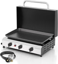 25.6'' Gas Griddle Flat Top Grill with Lid, 3-Burner Tabletop Portable Propane Griddle for Outdoor Cooking, Camping & Tailgating Barbecue, 45,000BTU Output, Silver