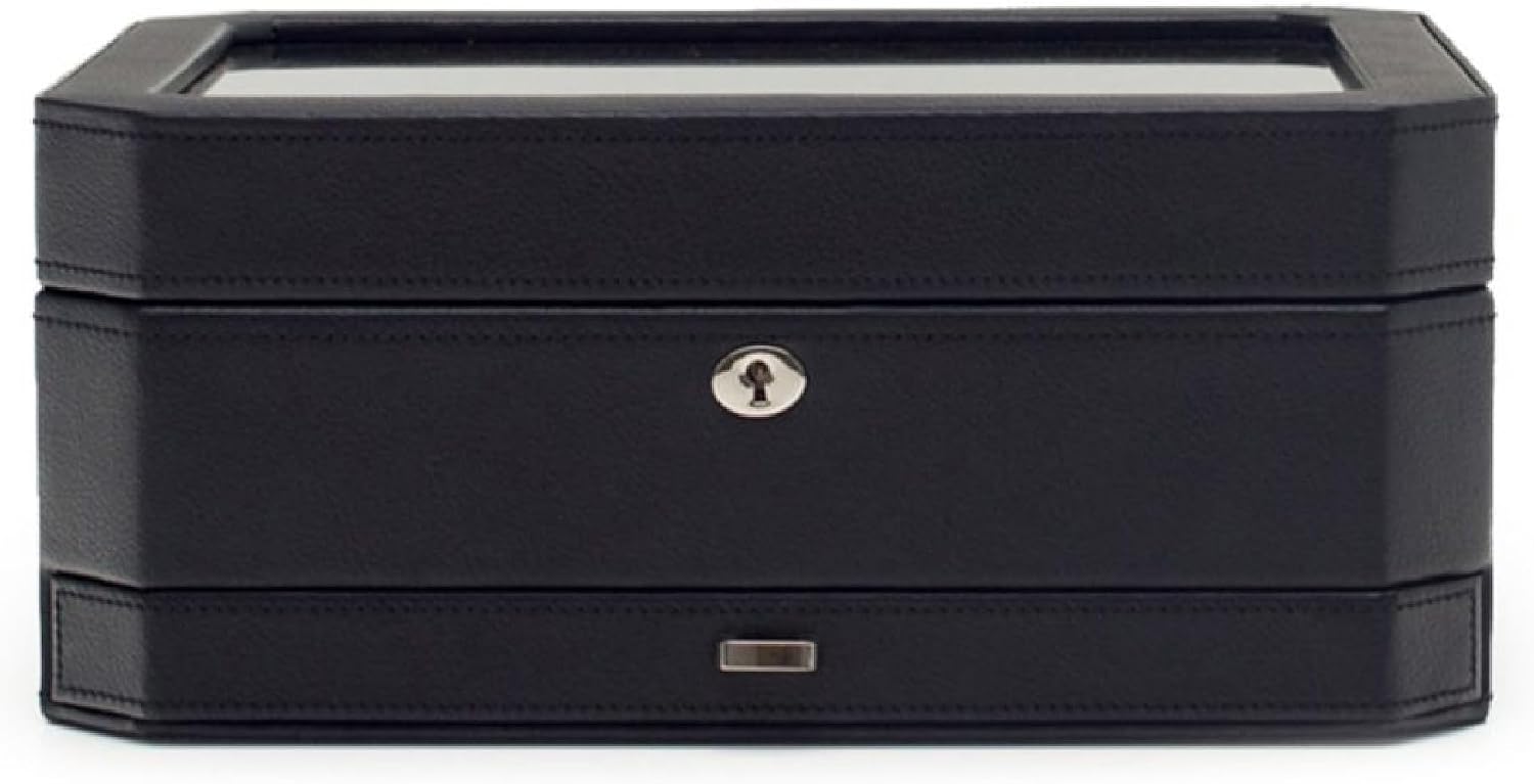 WOLF Windsor 10-Piece Watch Box with Drawer, Black - Features 10 Watch Compartments, Eight Ring Rolls & 17 Jewelry Compartments - Vegan Leather Exterior
