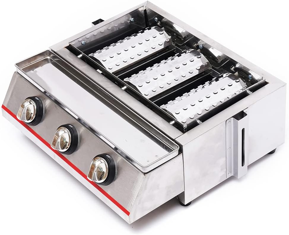 Commercial Countertop Gas Grill, 3 Burner LPG Indoor Smokeless Gas Grill Barbecue Griddle, Adjustable Height Non-stick Stainless Steel Gas Yakitori Grill for Restaurant, Camping, Picnic