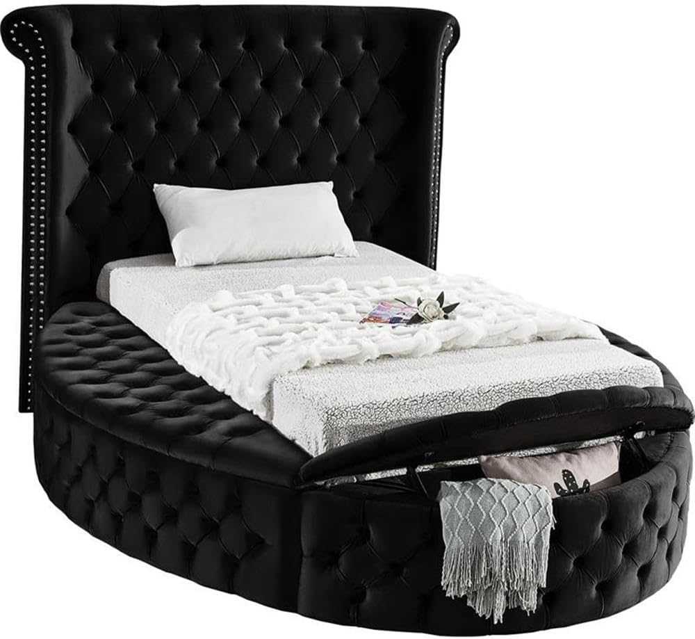 Meridian Furniture Luxus Collection Modern | Contemporary Round Shaped Velvet Upholstered Bed with Deep Button Tufting and Footboard Storage, Twin, Black