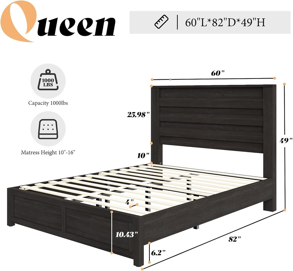 AMERLIFE Farmhouse Queen Size Bed Frame with 49' Tall Headboard, Platform Bed with Natural Wood Grain, No Box Spring Needed/Noise Free, Black