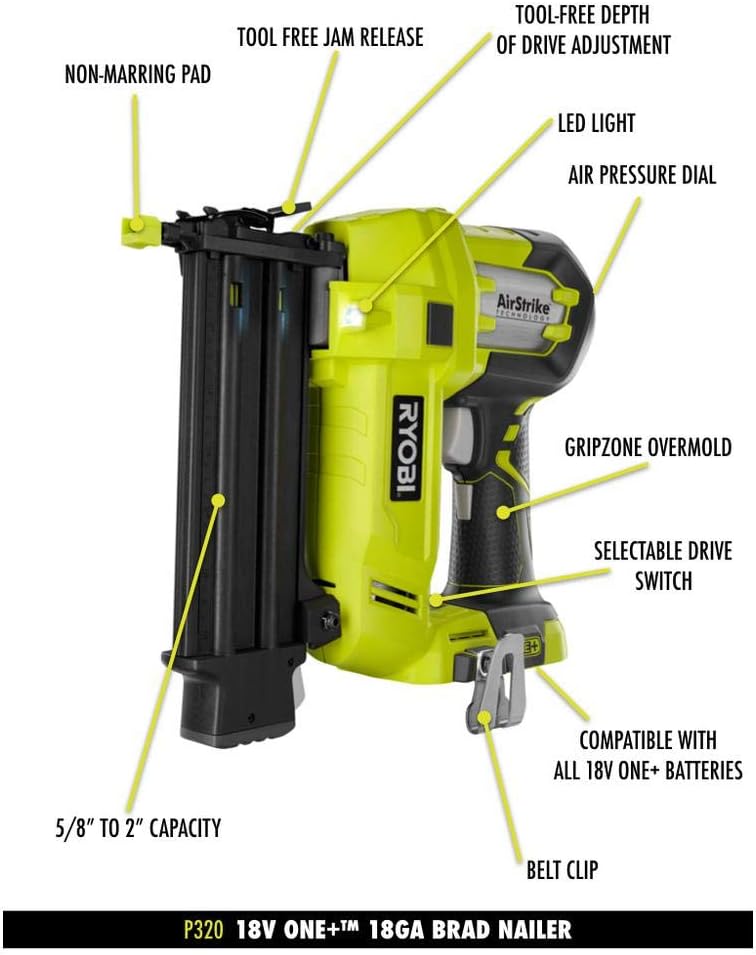 RYOBI P1854 18-Volt ONE+ Lithium-Ion Cordless AirStrike 18-Gauge Brad Nailer with (1) 1.5 Ah Battery and (1) 18-Volt Charger