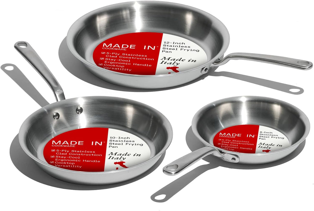 Made In Cookware | 3-Piece (Includes 8',10',12') Stainless Frying Pan Set | 5 Ply Stainless Clad | Professional Cookware | Crafted in Italy | Induction Compatible