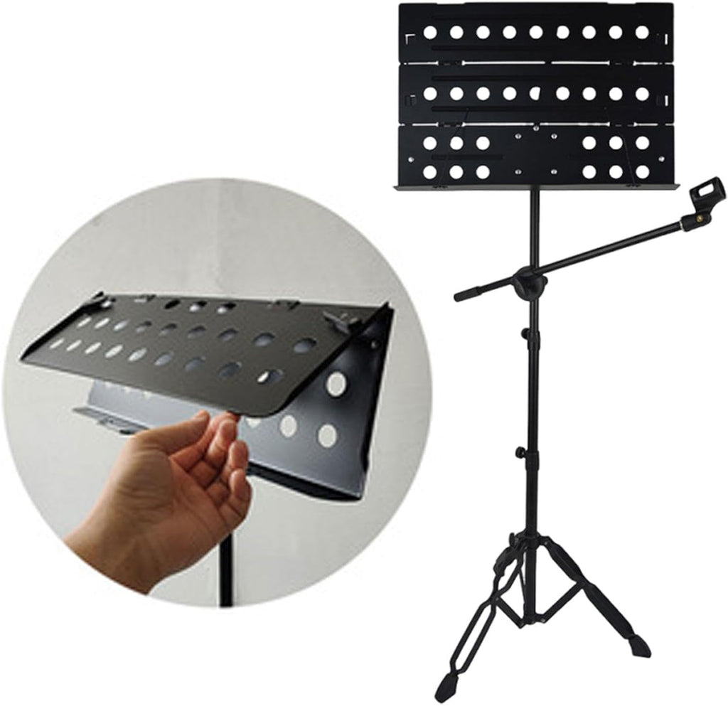 DYNWAVE Foldable Sheet Music Stand Music Sheet Holder Compact Stable Easy to Use Portable Tripod with Mic Holder Instrument Accessory