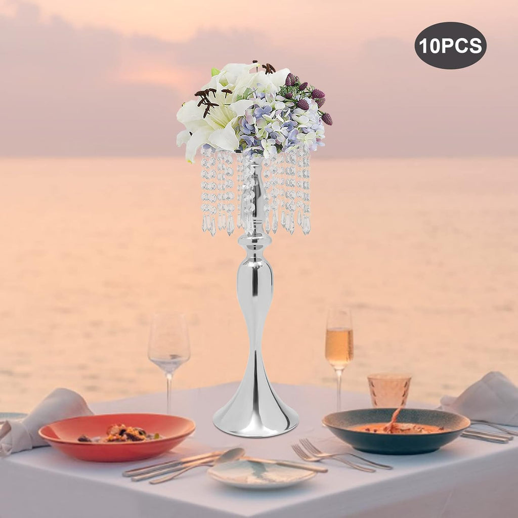 Silver Crystal Flower Stand Wedding Centerpieces for Tables, 10 Pcs Road Lead Tall Flower Holders Metal Flower Vase for Reception Tables Wedding Supplies Party Reception Dining Room, 21.3'H