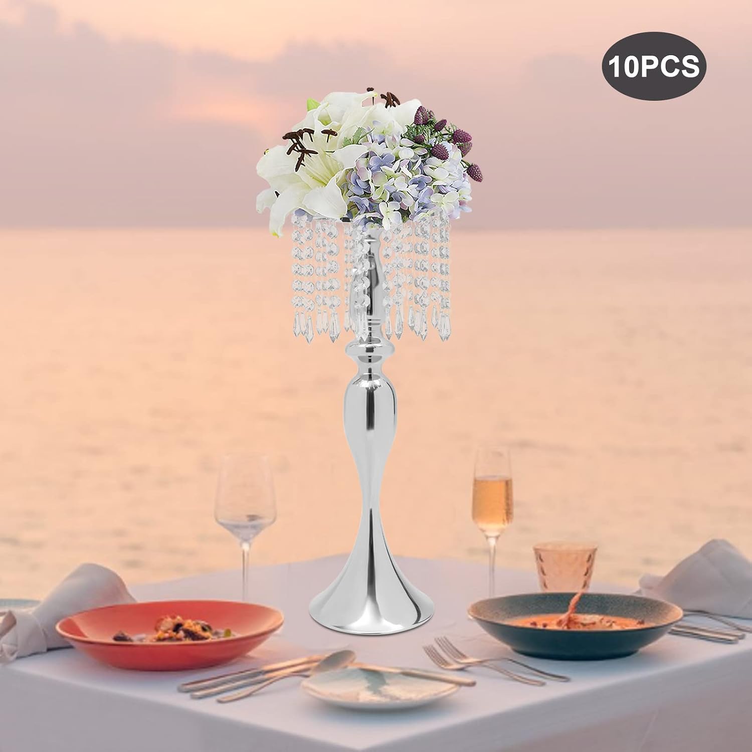 Silver Crystal Flower Stand Wedding Centerpieces for Tables, 10 Pcs Road Lead Tall Flower Holders Metal Flower Vase for Reception Tables Wedding Supplies Party Reception Dining Room, 21.3'H