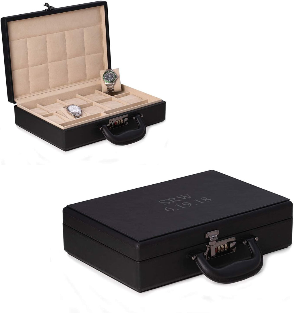 Bey-Berk Personalized Alfred Leather 10-Watch Briefcase (Black), Locking Travel Watch Storage Case with Handle and Accessory Compartments, 13.5' x 3.5' x 9.5'